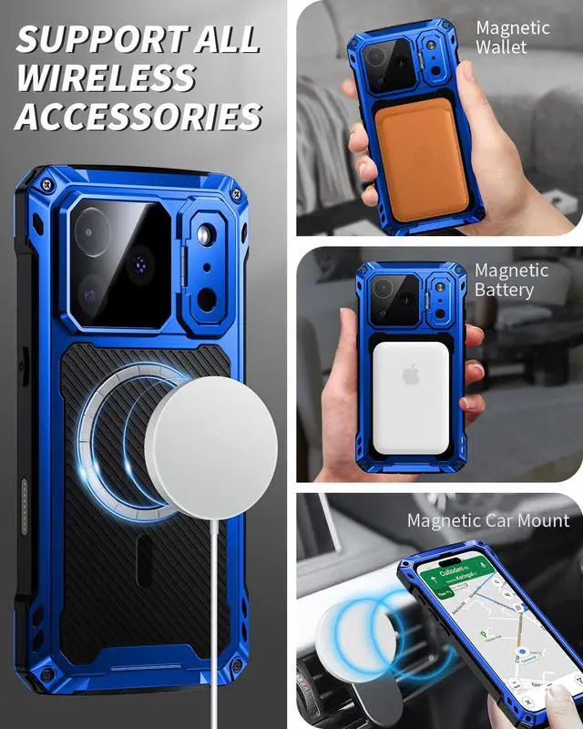 Alt view image 4 of 6 - for iPhone 17 Pro Max Metal Case with Kickstand, Compatible with MagSafe, Built in Tempered Glass Screen Protector, Heavy Duty Shockproof Rugged Phone Cases, Full Body Tough Cover 6.9" (Blue)