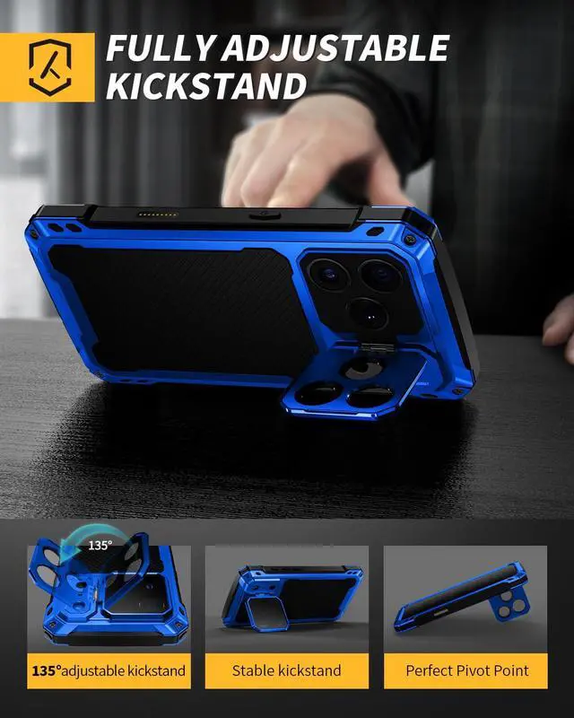 Alt view image 5 of 6 - for iPhone 17 Pro Max Metal Case with Kickstand, Compatible with MagSafe, Built in Tempered Glass Screen Protector, Heavy Duty Shockproof Rugged Phone Cases, Full Body Tough Cover 6.9" (Blue)