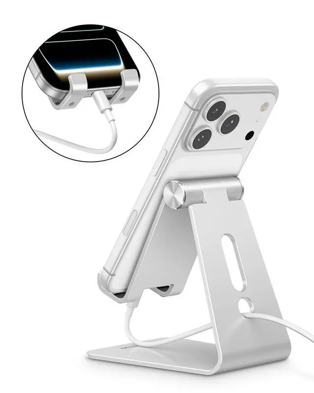 Alt view image 6 of 7 - C2 Adjustable Aluminum Cell Phone Stand with Charging Cutout, Silver