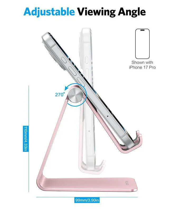 Alt view image 4 of 7 - Adjustable Cell Phone Stand, C2 Aluminum Desktop Phone Holder Dock Compatible with iPhone 15 14 13 Xs XR 8 Plus 7 6, Samsung Galaxy, Google Pixel, Android Phones, Rose Gold
