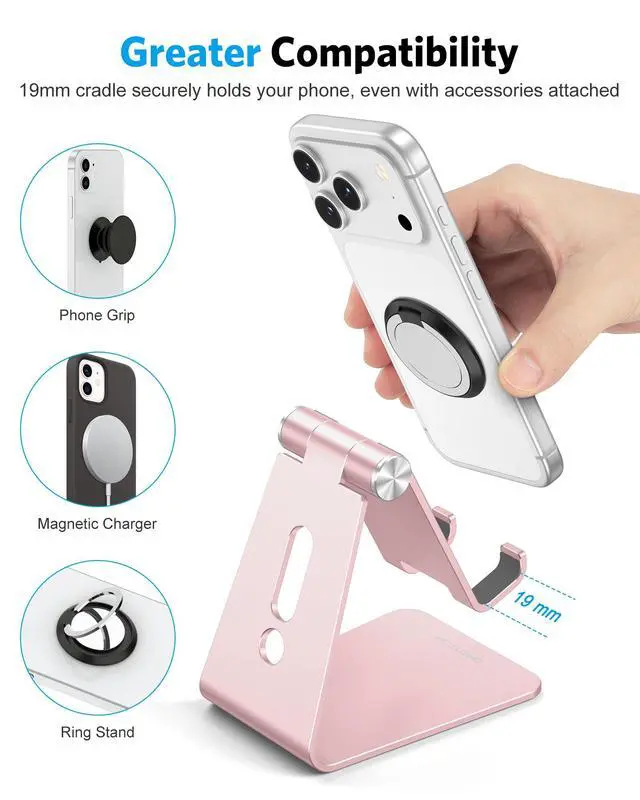 Alt view image 5 of 7 - Adjustable Cell Phone Stand, C2 Aluminum Desktop Phone Holder Dock Compatible with iPhone 15 14 13 Xs XR 8 Plus 7 6, Samsung Galaxy, Google Pixel, Android Phones, Rose Gold