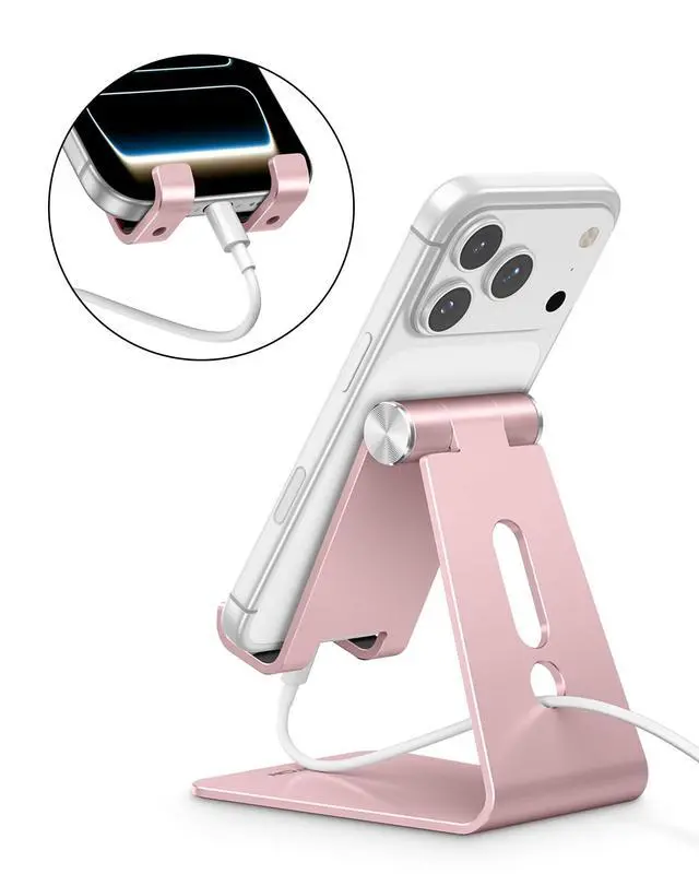 Alt view image 6 of 7 - Adjustable Cell Phone Stand, C2 Aluminum Desktop Phone Holder Dock Compatible with iPhone 15 14 13 Xs XR 8 Plus 7 6, Samsung Galaxy, Google Pixel, Android Phones, Rose Gold