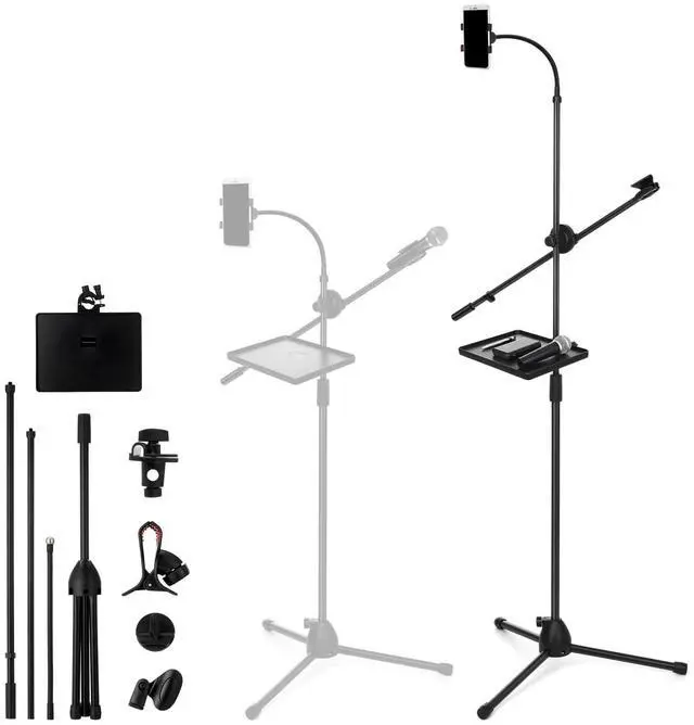 Main image of Microphone Floor Stand with Tray, Phone Holder and Boom Arm, Adjustable Height and Angle, Heavy-duty Stable Base, 59-70 Inch Hands-free Stage Mic Stand for Streaming, Karaoke, Recording