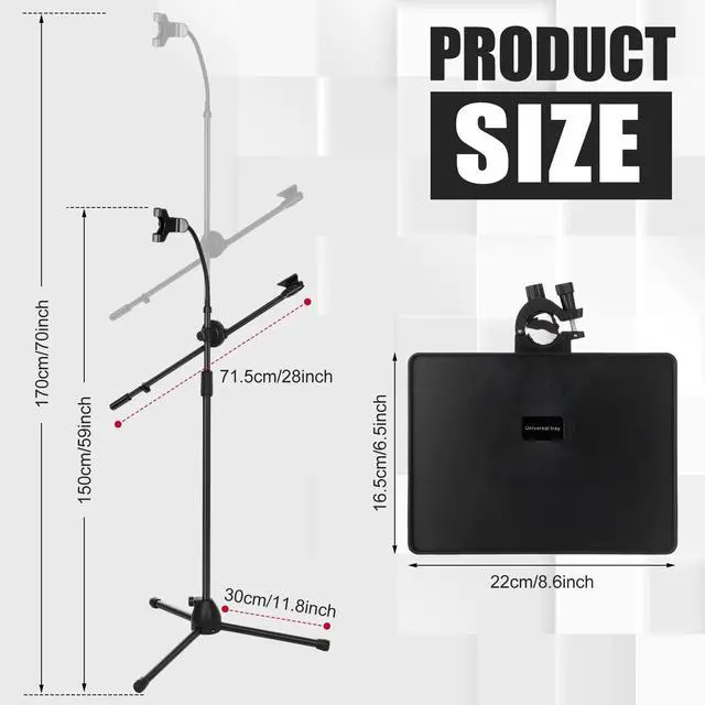 Alt view image 2 of 7 - Microphone Floor Stand with Tray, Phone Holder and Boom Arm, Adjustable Height and Angle, Heavy-duty Stable Base, 59-70 Inch Hands-free Stage Mic Stand for Streaming, Karaoke, Recording