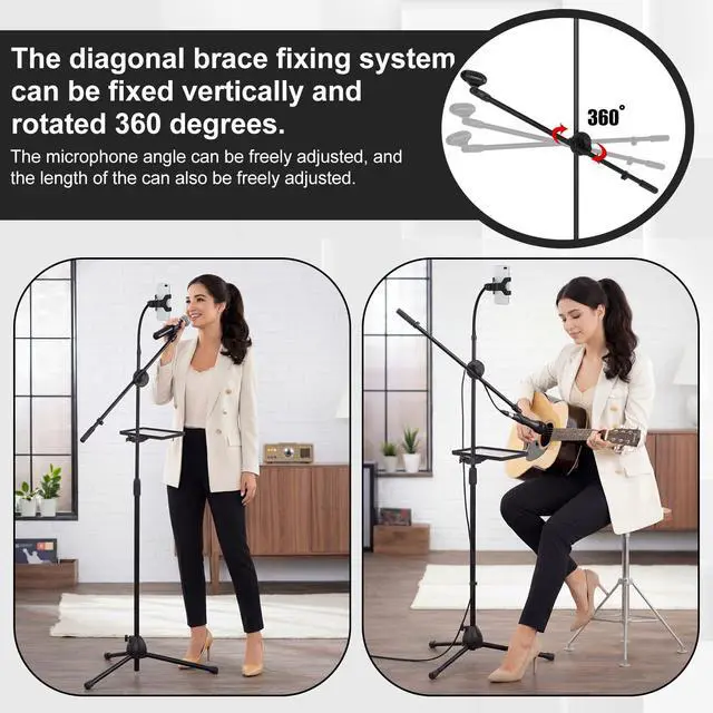 Alt view image 3 of 7 - Microphone Floor Stand with Tray, Phone Holder and Boom Arm, Adjustable Height and Angle, Heavy-duty Stable Base, 59-70 Inch Hands-free Stage Mic Stand for Streaming, Karaoke, Recording