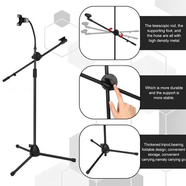 Alt view image 4 of 7 - Microphone Floor Stand with Tray, Phone Holder and Boom Arm, Adjustable Height and Angle, Heavy-duty Stable Base, 59-70 Inch Hands-free Stage Mic Stand for Streaming, Karaoke, Recording