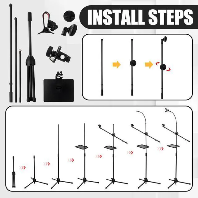 Alt view image 5 of 7 - Microphone Floor Stand with Tray, Phone Holder and Boom Arm, Adjustable Height and Angle, Heavy-duty Stable Base, 59-70 Inch Hands-free Stage Mic Stand for Streaming, Karaoke, Recording