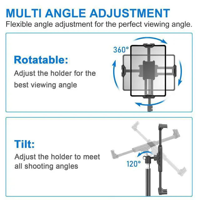 Alt view image 3 of 7 - iPad Tripod Stand, 63" Height Adjustable Tripod for Tablet, 360° Rotation Tablet Floor Stand Mount Holder for iPad mini/Air/Pro, Smartphones and All 4.7" to 13.5" Devices