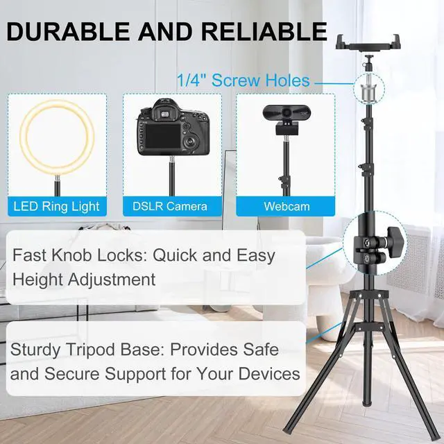 Alt view image 4 of 7 - iPad Tripod Stand, 63" Height Adjustable Tripod for Tablet, 360° Rotation Tablet Floor Stand Mount Holder for iPad mini/Air/Pro, Smartphones and All 4.7" to 13.5" Devices