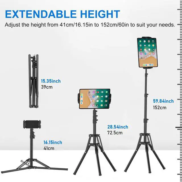Alt view image 2 of 7 - iPad Tripod Stand, 63" Height Adjustable Tripod for Tablet, 360° Rotation Tablet Floor Stand Mount Holder for iPad mini/Air/Pro, Smartphones and All 4.7" to 13.5" Devices