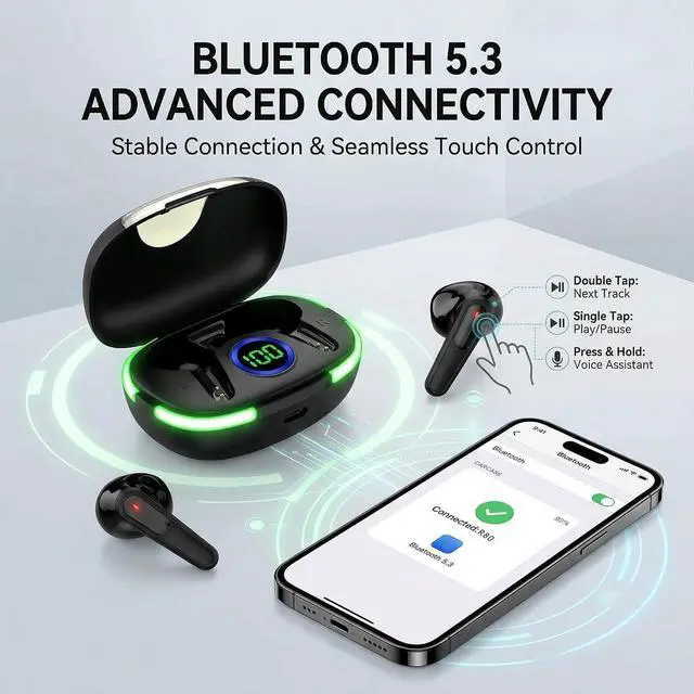 Alt view image 3 of 6 - Wireless Earbuds with Deep Bass, Stereo Sound, and Noise-Canceling Design
