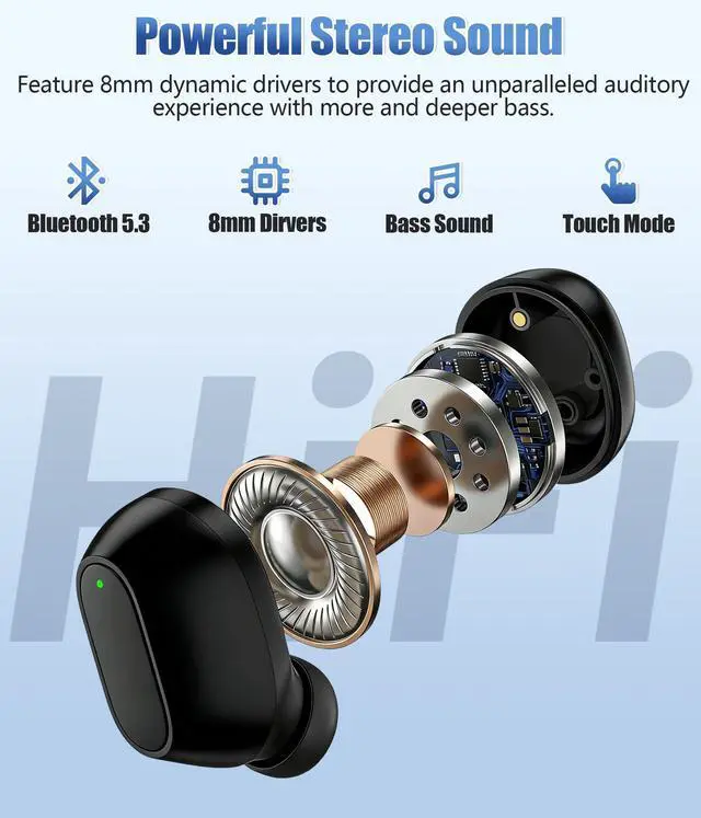 Alt view image 4 of 7 - Wireless Earbuds, Bluetooth 5.3 Headphones with Semi-Transparent Case, 30H Playback LED Power Display, IP54 Waterproof in-Ear Ear buds Built in Mics, Clear Calls Earphones for Sports Workout, Black
