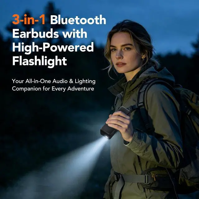 Alt view image 2 of 7 - MS120 3-in-1 Wireless Earbuds, Bluetooth 6.0 Headphones with 3-Mode Tactical Flashlight, HiFi Stereo Sport Earphones with AI Noise Canceling Mic for Outdoor Hiking Camping, 70H Playtime