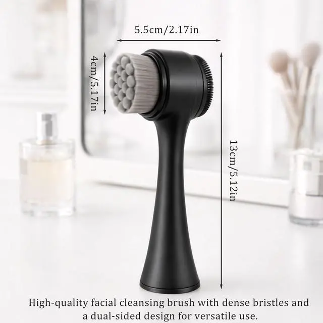 Alt view image 2 of 7 - 2-in-1 Facial Cleansing Brush, Dual-Sided Exfoliating Face Scrubber with Silicone & Bamboo Charcoal Fiber for Deep Pore Cleaning, Massage, and Daily Skin Care (Black, Boxed)