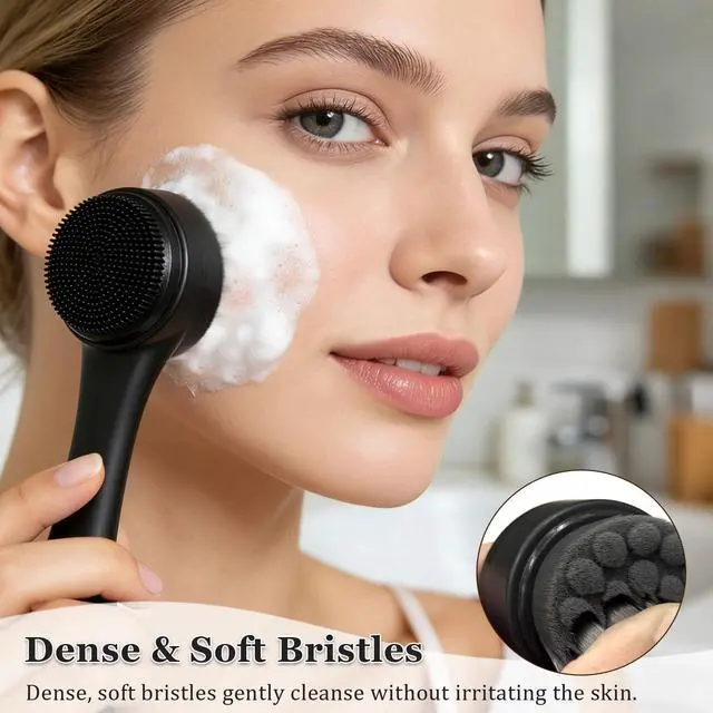 Alt view image 4 of 7 - 2-in-1 Facial Cleansing Brush, Dual-Sided Exfoliating Face Scrubber with Silicone & Bamboo Charcoal Fiber for Deep Pore Cleaning, Massage, and Daily Skin Care (Black, Boxed)