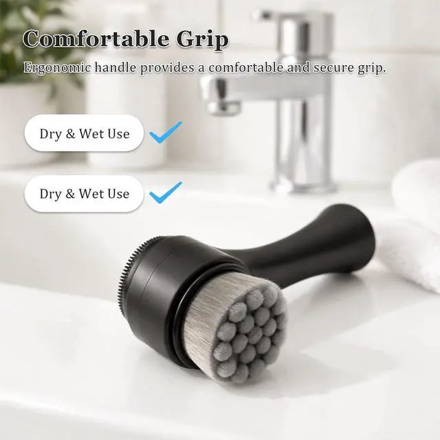 Alt view image 6 of 7 - 2-in-1 Facial Cleansing Brush, Dual-Sided Exfoliating Face Scrubber with Silicone & Bamboo Charcoal Fiber for Deep Pore Cleaning, Massage, and Daily Skin Care (Black, Boxed)
