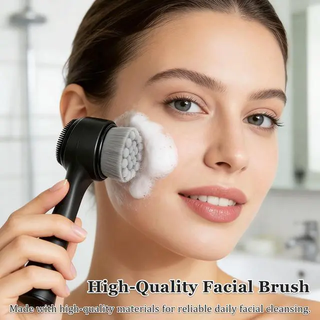 Alt view image 3 of 7 - 2-in-1 Facial Cleansing Brush, Dual-Sided Exfoliating Face Scrubber with Silicone & Bamboo Charcoal Fiber for Deep Pore Cleaning, Massage, and Daily Skin Care (Black, Boxed)