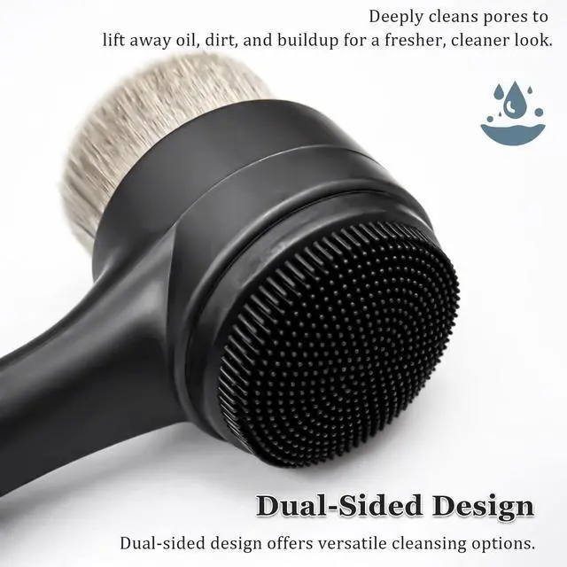 Alt view image 5 of 7 - 2-in-1 Facial Cleansing Brush, Dual-Sided Exfoliating Face Scrubber with Silicone & Bamboo Charcoal Fiber for Deep Pore Cleaning, Massage, and Daily Skin Care (Black, Boxed)