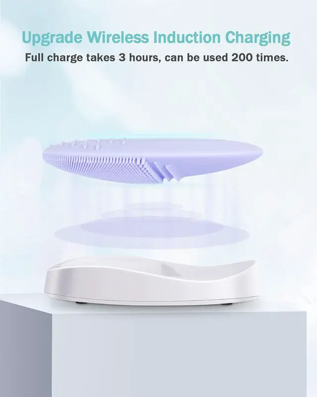 Alt view image 4 of 6 - Silicone Facial Cleansing Brush, IPX7 Waterproof, Violet | Rechargeable Electric Face Exfoliator, 5 Speeds, Sonic Vibrating for Deep Pore Cleansing & Gentle Massaging