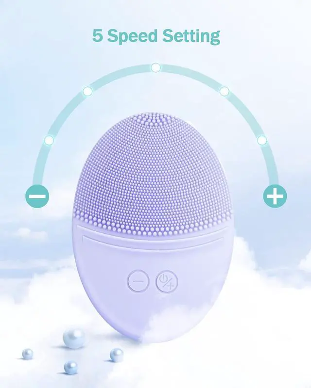 Alt view image 6 of 6 - Silicone Facial Cleansing Brush, IPX7 Waterproof, Violet | Rechargeable Electric Face Exfoliator, 5 Speeds, Sonic Vibrating for Deep Pore Cleansing & Gentle Massaging