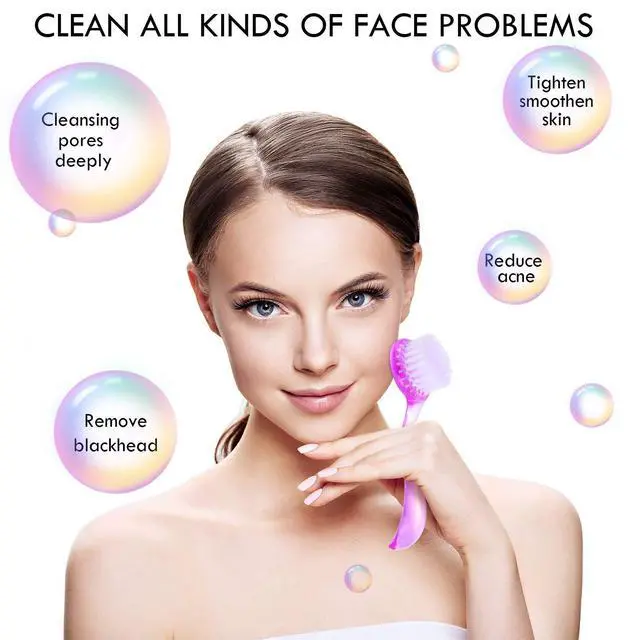 Alt view image 2 of 7 - 3 Pieces Facial Cleansing Brush Face Scrub,Pink, Purple, Blue | Acrylic Handle for Manual Cleaning, Exfoliating Facial Brush for Makeup Removal, Gentle Bristle Skincare Scrubber