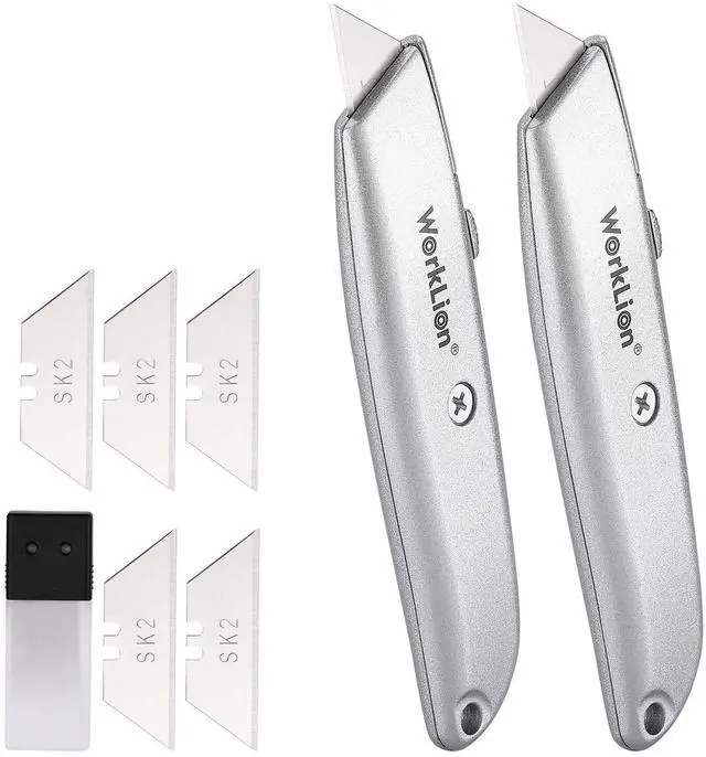 Main image of Retractable Utility Knife Box Cutter - 2 Pack Safety Box Cutters Retractable Metal Cutter Tool With 5 Replacement Blades Heavy Duty Box Cutter Knife