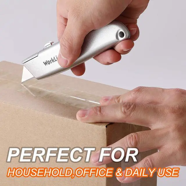 Alt view image 2 of 6 - Retractable Utility Knife Box Cutter - 2 Pack Safety Box Cutters Retractable Metal Cutter Tool With 5 Replacement Blades Heavy Duty Box Cutter Knife
