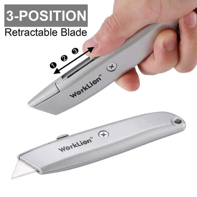 Alt view image 3 of 6 - Retractable Utility Knife Box Cutter - 2 Pack Safety Box Cutters Retractable Metal Cutter Tool With 5 Replacement Blades Heavy Duty Box Cutter Knife