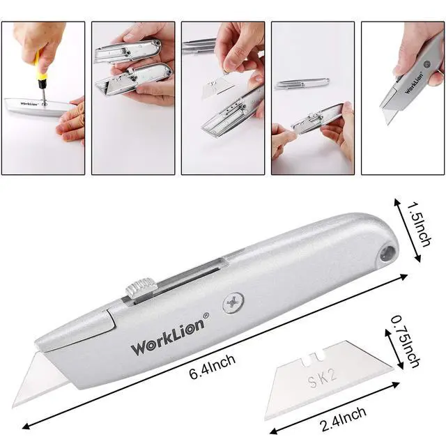 Alt view image 4 of 6 - Retractable Utility Knife Box Cutter - 2 Pack Safety Box Cutters Retractable Metal Cutter Tool With 5 Replacement Blades Heavy Duty Box Cutter Knife