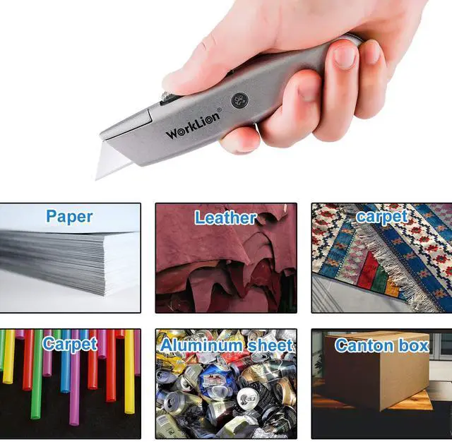 Alt view image 6 of 6 - Retractable Utility Knife Box Cutter - 2 Pack Safety Box Cutters Retractable Metal Cutter Tool With 5 Replacement Blades Heavy Duty Box Cutter Knife