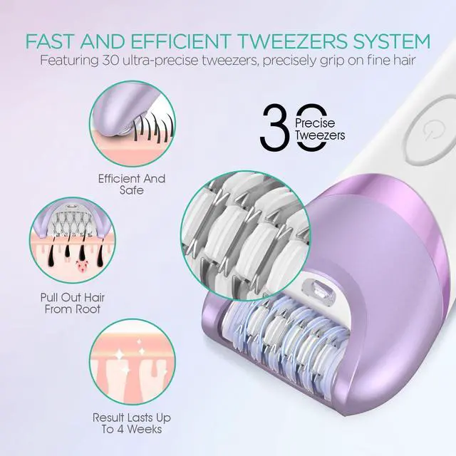 Alt view image 3 of 7 - Epilator for Women, Cordless Epilators Hair Removal with 30 Tweezers | 3 in 1 Hair Removal Device for Leg Arm with LED Light, Rechargeable Wet & Dry, Electric Lady Shaver & Trimmer, Purple BM300