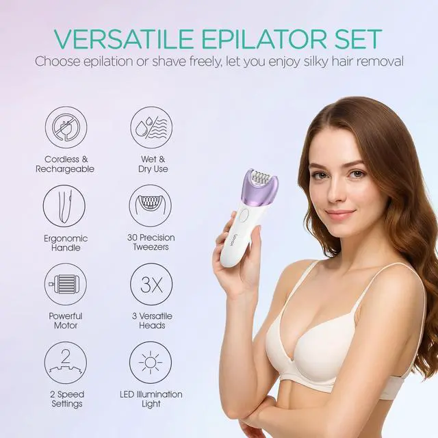 Alt view image 2 of 7 - Epilator for Women, Cordless Epilators Hair Removal with 30 Tweezers | 3 in 1 Hair Removal Device for Leg Arm with LED Light, Rechargeable Wet & Dry, Electric Lady Shaver & Trimmer, Purple BM300