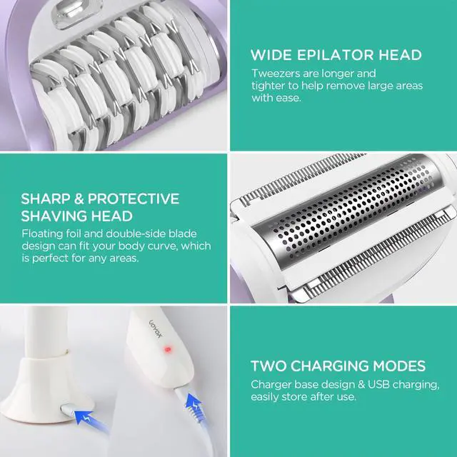 Alt view image 5 of 7 - Epilator for Women, Cordless Epilators Hair Removal with 30 Tweezers | 3 in 1 Hair Removal Device for Leg Arm with LED Light, Rechargeable Wet & Dry, Electric Lady Shaver & Trimmer, Purple BM300