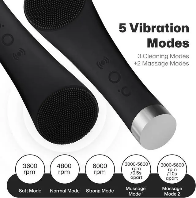 Alt view image 3 of 7 - Facial Cleansing Brush, Rechargeable Silicone Face Scrubber with Heat Massage End, Vibrating Exfoliator Scrubber for Deep Cleaning, Waterproof Face Brush for Women and Men (Black)