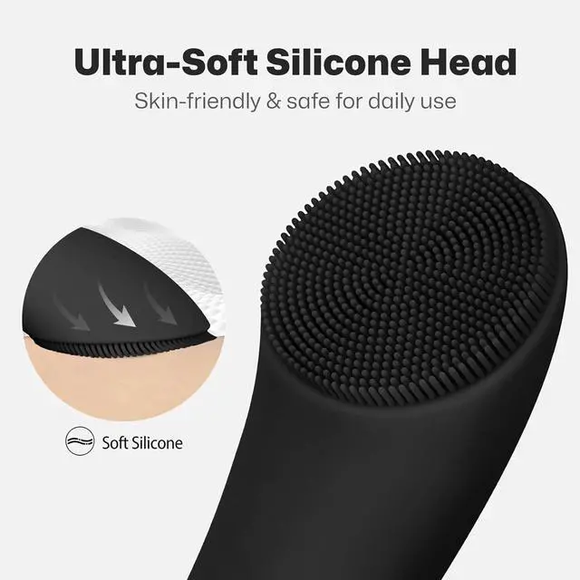 Alt view image 4 of 7 - Facial Cleansing Brush, Rechargeable Silicone Face Scrubber with Heat Massage End, Vibrating Exfoliator Scrubber for Deep Cleaning, Waterproof Face Brush for Women and Men (Black)