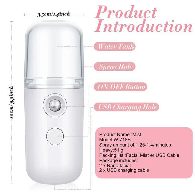 Alt view image 2 of 6 - 2 Pack Nano Facial Mister Spray Bottle Handheld Humidifier Portable Face Mister for Eyelash Extensions USB Rechargeable 1 oz Mini Skin Care Machine for Daily Makeup(Black and White)