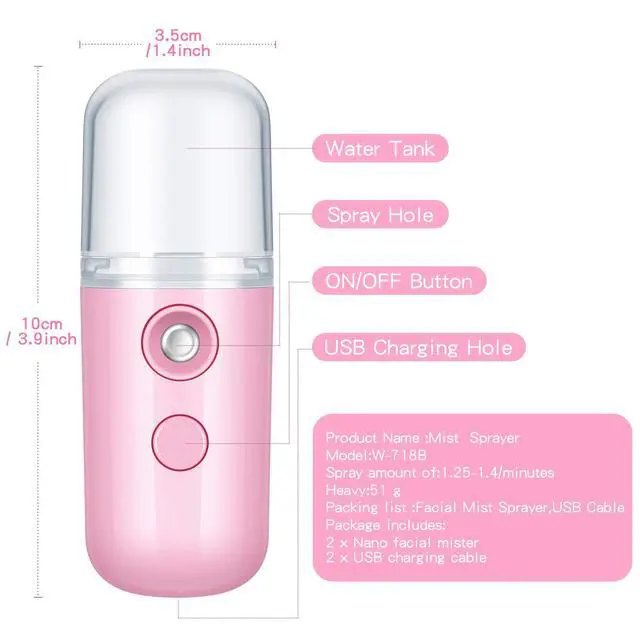Alt view image 2 of 6 - 2 Pack Nano Facial Mister for Lashes Sprayer,Dark Pink and White | Handheld Face Mister Bottle for Eyelash Extensions USB Rechargeable 1 oz Mini Skin Care Machine for Daily Makeup