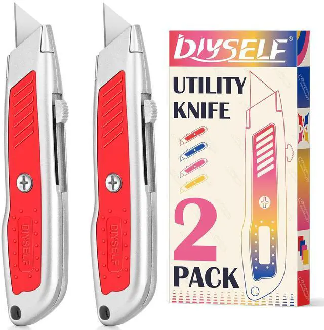 Main image of 2 Pack Box Cutters, Retractable Utility Knife with SK5 Steel Blades | Ergonomic Grip, Aluminum Box Cutter Retractable, Secure Slide Lock Razor Knife for Packages, Office, Warehouse and DIYers