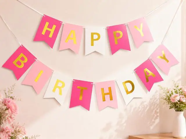 Alt view image 2 of 6 - Pink Rose White Happy Birthday Banner for Girls 13 Paper Flags | 13 flags with 2 satin ribbons easy indoor birthday decor for cake tables walls and photo backdrops