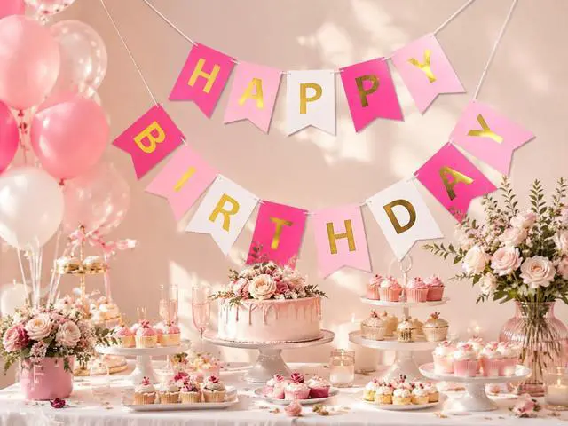 Alt view image 3 of 6 - Pink Rose White Happy Birthday Banner for Girls 13 Paper Flags | 13 flags with 2 satin ribbons easy indoor birthday decor for cake tables walls and photo backdrops