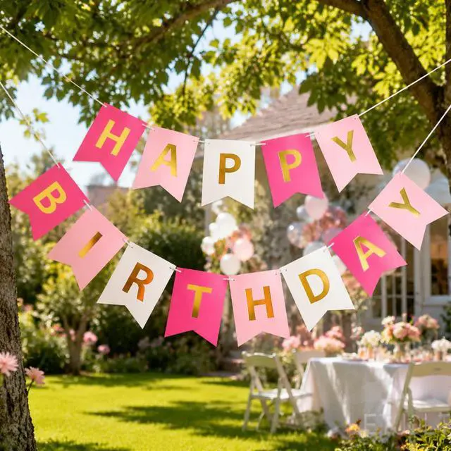 Alt view image 6 of 6 - Pink Rose White Happy Birthday Banner for Girls 13 Paper Flags | 13 flags with 2 satin ribbons easy indoor birthday decor for cake tables walls and photo backdrops