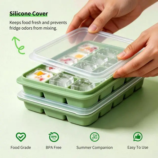 Alt view image 2 of 7 - Ice Cube Trays with Lid, 2 Packs 30 Cubes Durable Stackable Flexible Silicone Ice Cube Trays for Freezer with Removable Silicone Lids for Baby Food, Whiskey, Cocktail, Coffee, BPA Free