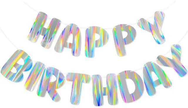 Main image of Iridescent Happy Birthday Banner, Pre-Strung Birthday Party Decorations | Holographic Aurora Effect Birthday Sign with Vibrant Rainbow Shine, Cute Party Decor for Women, Girls, Adults & Kids