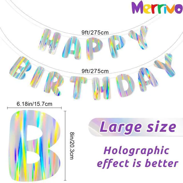 Alt view image 2 of 7 - Iridescent Happy Birthday Banner, Pre-Strung Birthday Party Decorations | Holographic Aurora Effect Birthday Sign with Vibrant Rainbow Shine, Cute Party Decor for Women, Girls, Adults & Kids