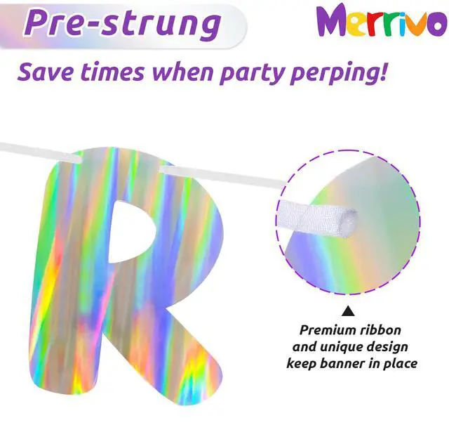 Alt view image 4 of 7 - Iridescent Happy Birthday Banner, Pre-Strung Birthday Party Decorations | Holographic Aurora Effect Birthday Sign with Vibrant Rainbow Shine, Cute Party Decor for Women, Girls, Adults & Kids