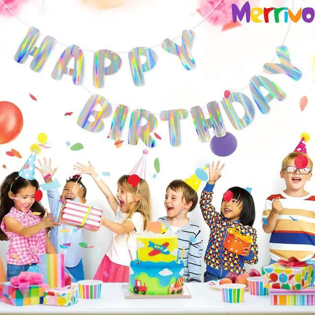 Alt view image 5 of 7 - Iridescent Happy Birthday Banner, Pre-Strung Birthday Party Decorations | Holographic Aurora Effect Birthday Sign with Vibrant Rainbow Shine, Cute Party Decor for Women, Girls, Adults & Kids