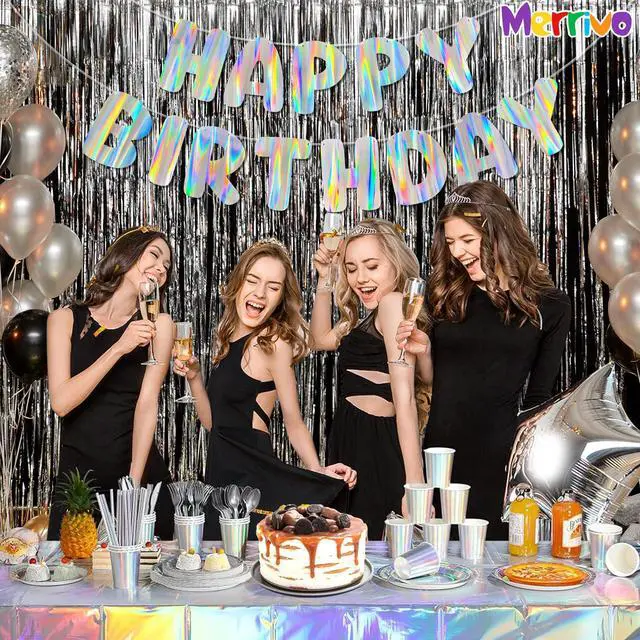 Alt view image 7 of 7 - Iridescent Happy Birthday Banner, Pre-Strung Birthday Party Decorations | Holographic Aurora Effect Birthday Sign with Vibrant Rainbow Shine, Cute Party Decor for Women, Girls, Adults & Kids