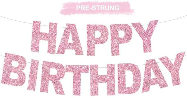 Main image of Pre-Strung Glitter Pink Happy Birthday Banner Party Sign Decor | NO DIY,Happy Happy Birthday Banner Decorations,Happy Birthday Sign,Backdrop for Women/Kids birthday Party supplies