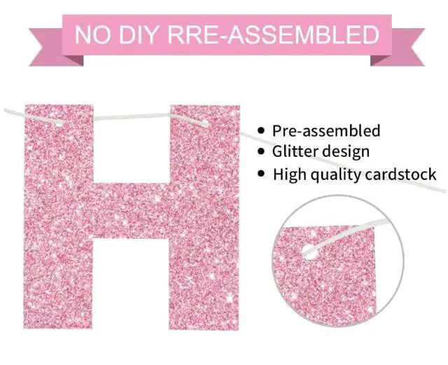 Alt view image 3 of 6 - Pre-Strung Glitter Pink Happy Birthday Banner Party Sign Decor | NO DIY,Happy Happy Birthday Banner Decorations,Happy Birthday Sign,Backdrop for Women/Kids birthday Party supplies