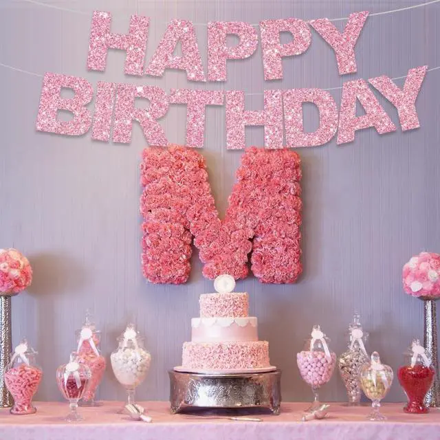 Alt view image 6 of 6 - Pre-Strung Glitter Pink Happy Birthday Banner Party Sign Decor | NO DIY,Happy Happy Birthday Banner Decorations,Happy Birthday Sign,Backdrop for Women/Kids birthday Party supplies